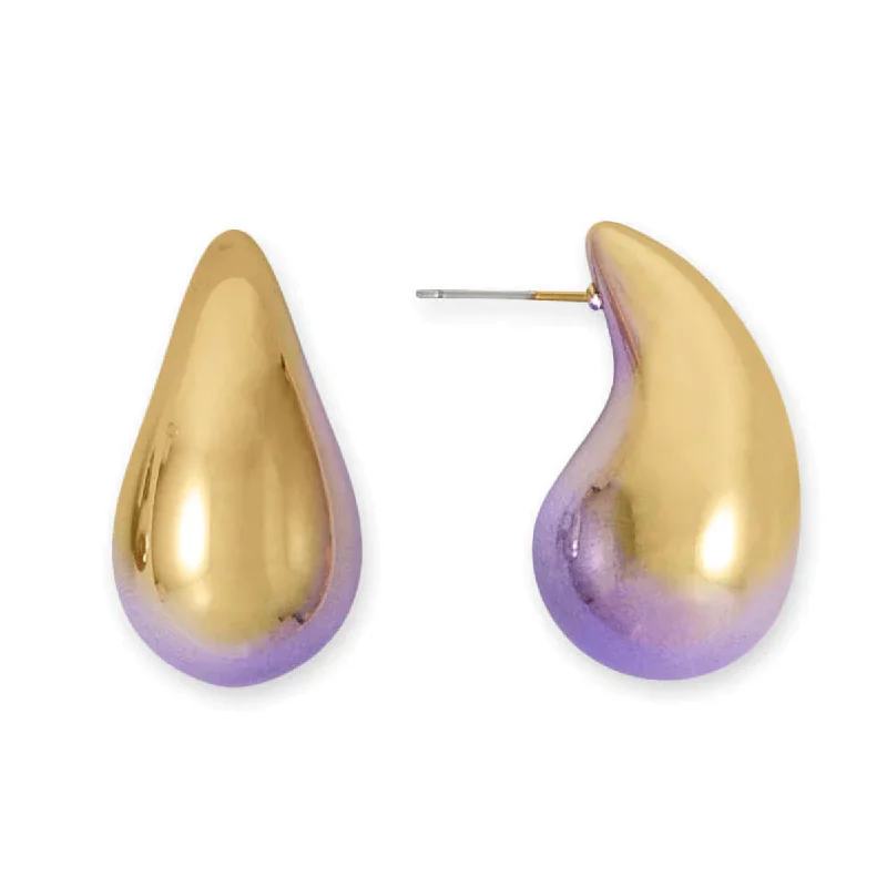 Grand statement earrings-Chunky Raindrop Fashion Earrings Gold Tone with Purple Gradient