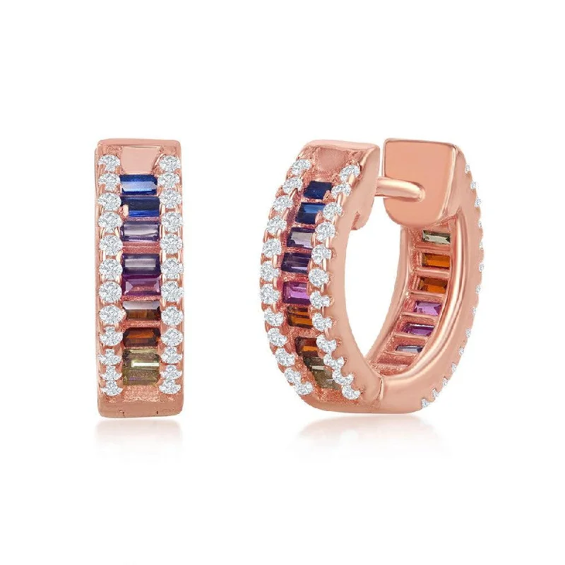 Old coin earrings-Sterling Silver Rose Gold Plated Rainbow Huggie Hoop CZ Earrings