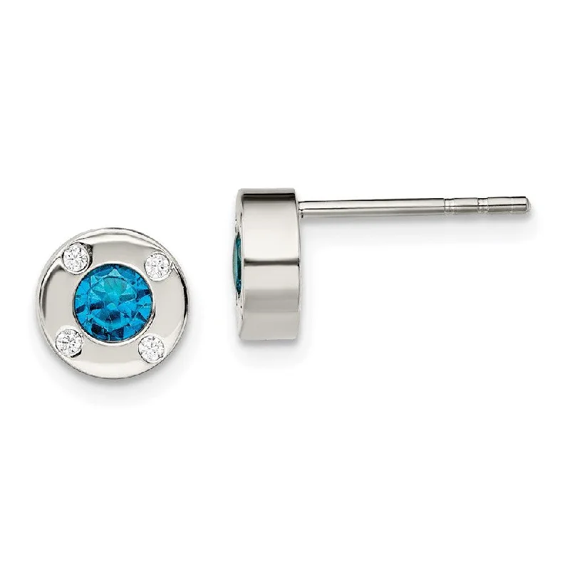 Stained clay earrings-Stainless Steel Polished Blue and Clear CZ Post Earrings