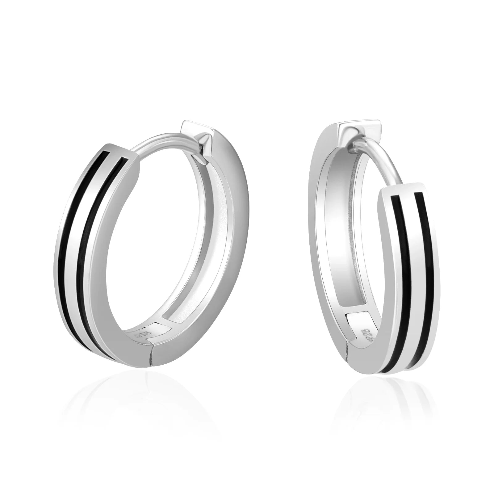 Wicker style earrings-S925 Silver Black Stripe Hoop Earrings in White Gold - 15mm