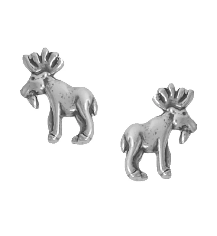 Embroidered earrings-Moose Stud Earrings Oxidized Sterling Silver