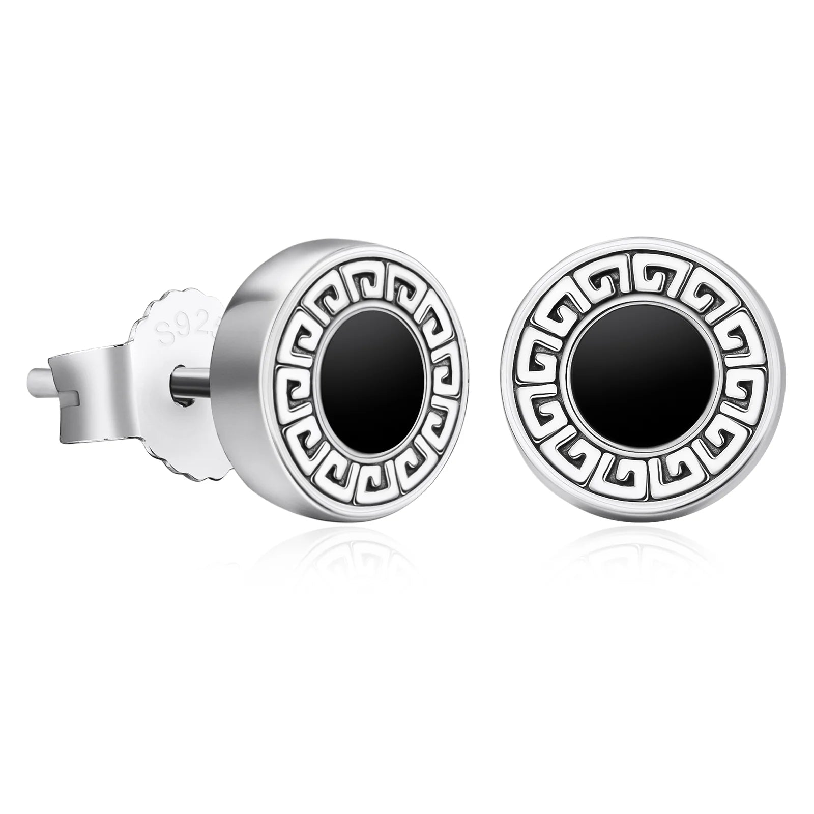 Vine pattern earrings-8.5mm Vintage Black Agate Round Diamond Stud Earrings in 925 Sterling Silver