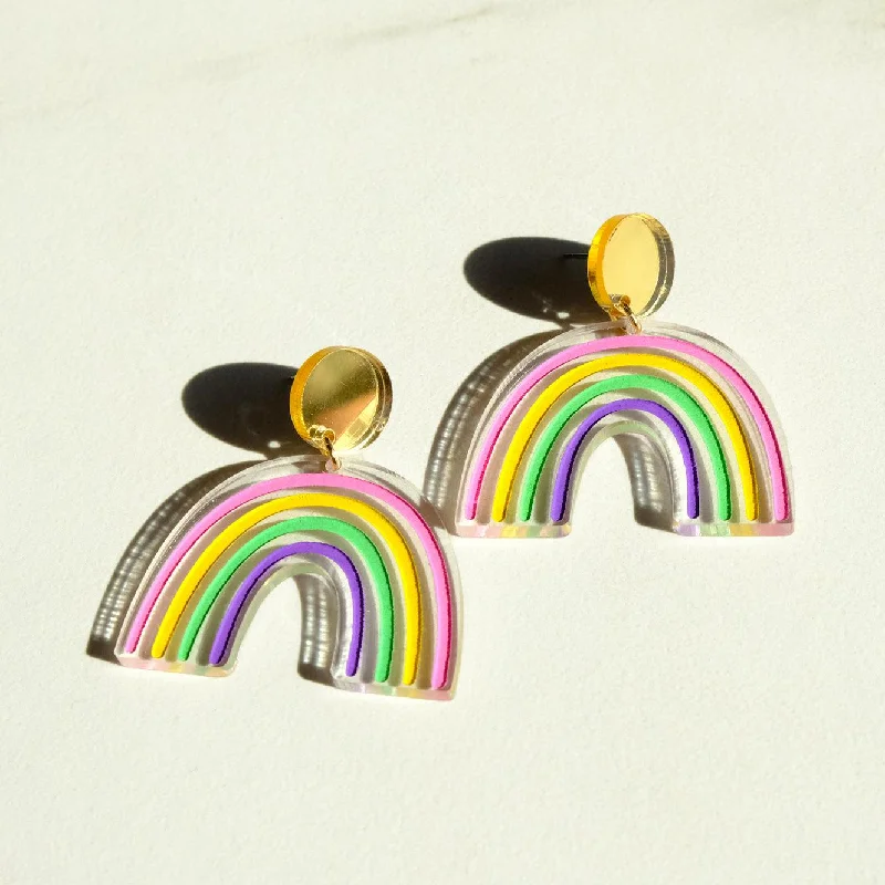 Clean bar earrings-Rainbow Dangle Earrings - Clear and Gold