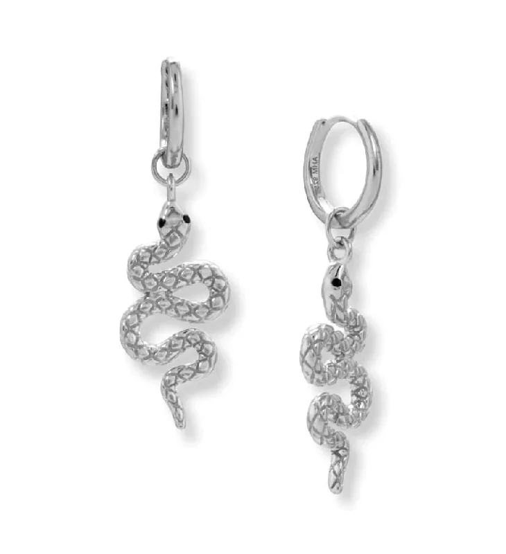 Shimmering gem earrings-Snake Earrings with 11mm Endless Hoop Black Cubic Zirconia Eye Accents