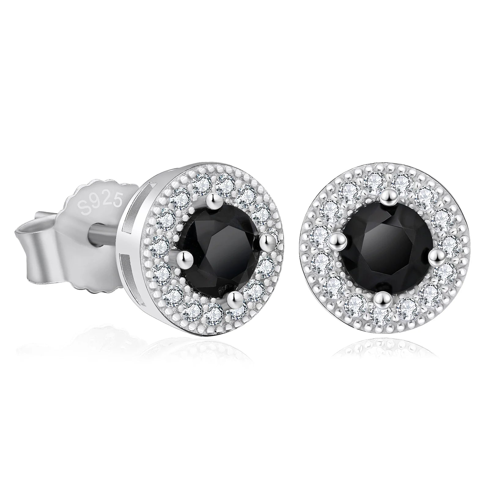 Wispy drop earrings-7.5mm Black Diamond Round Stud Earrings in White Gold