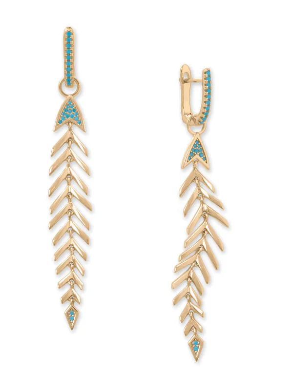 Bowed loop earrings-Fishbone Drop Hoop Earrings with Synthetic Turquoise 14k gold-plated Silver