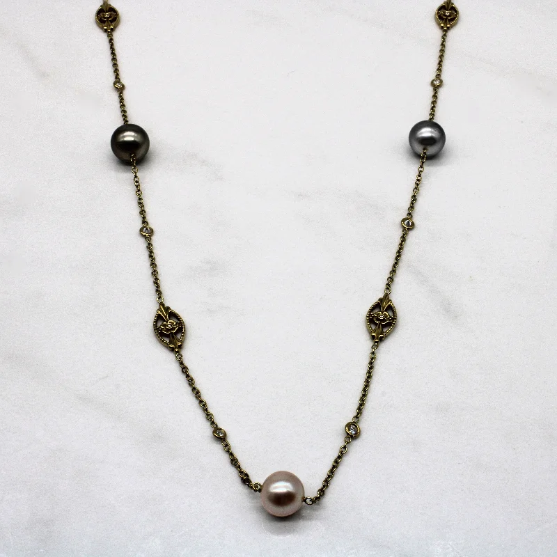 Coiled wire necklaces-Diamond & Pearl Station Necklace | 0.60ctw | 33" |