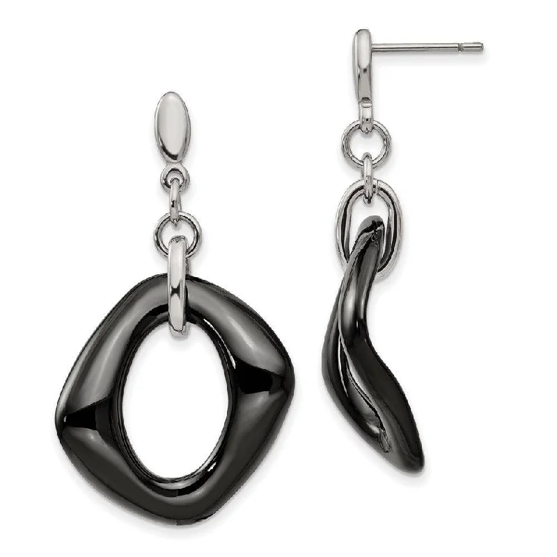 Lotus motif earrings-Stainless Steel Polished Black Ceramic Post Dangle Earrings