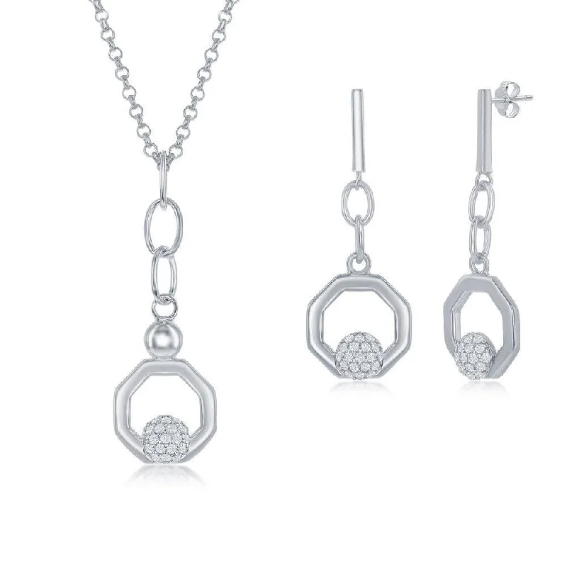 Single dot earrings-Sterling Silver Round Micro Pave CZ Open Hexagon Pendant & Earrings Set With Chain