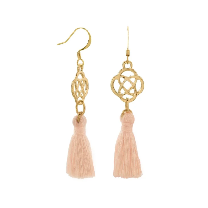 Vine pattern earrings-Peach Tassel Earrings with Celtic Knot Design Gold Tone