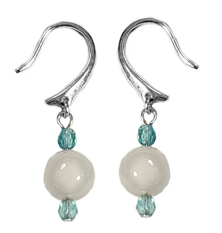 Grand tier earrings-8mm White Agate and Aqua Blue Czech Bead Earrings Silver Plate Hook Ear Wire