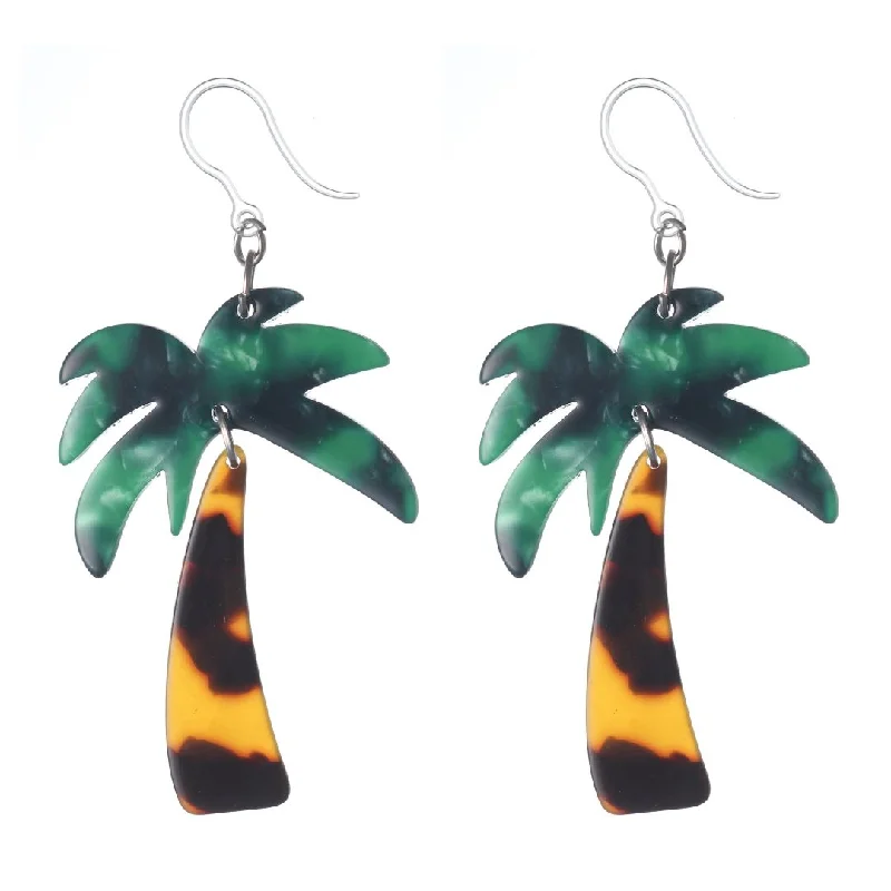 Vibrant enamel earrings-Celluloid Palm Tree Dangles Hypoallergenic Earrings for Sensitive Ears Made with Plastic Posts