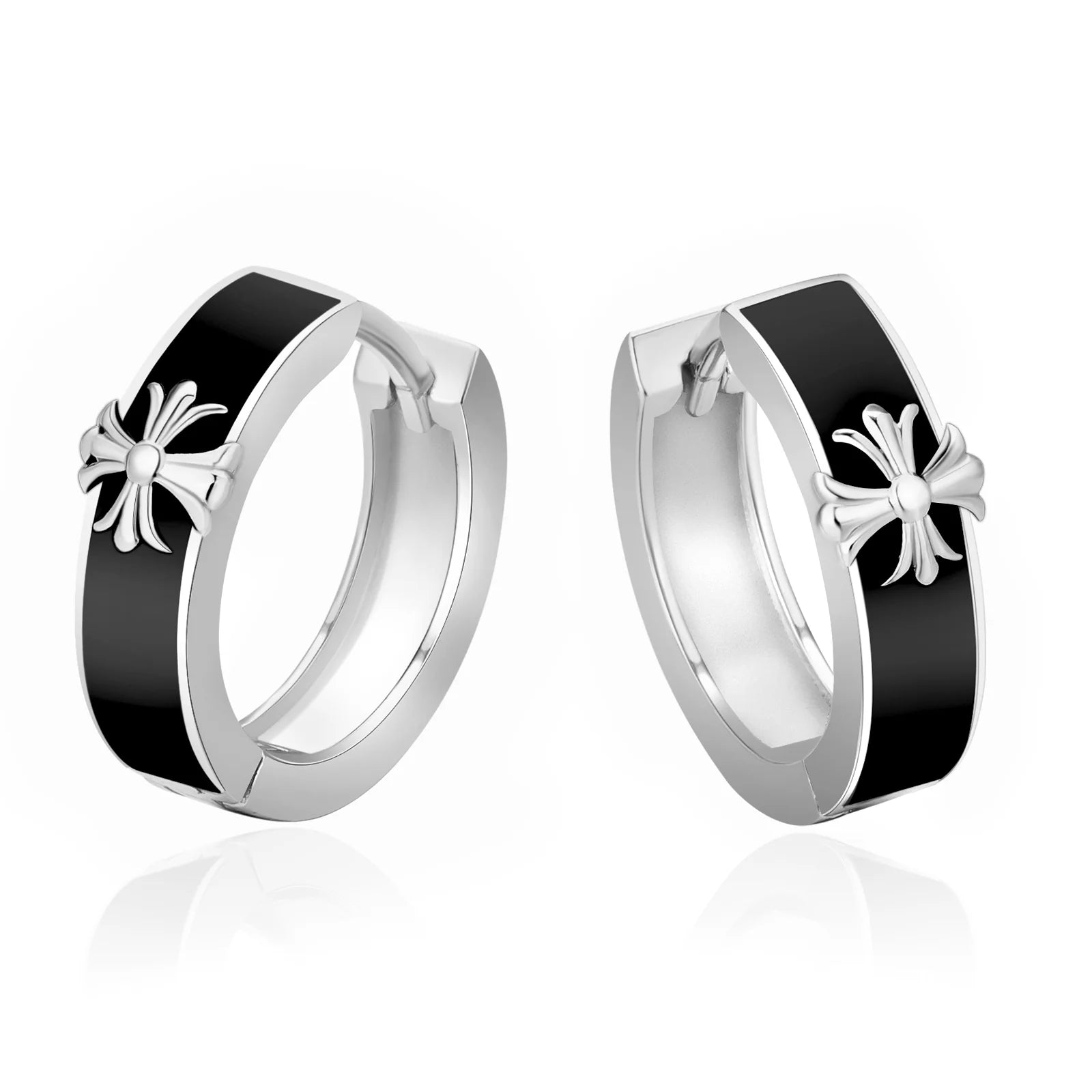 Wave design earrings-S925 Silver Black Enamel Cross Hoop Earrings in White Gold - 15mm