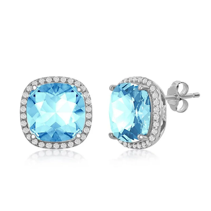 Grand tier earrings-Sterling Silver CZ and 10mm Cushion Square Aqua Swarovski Element Earrings