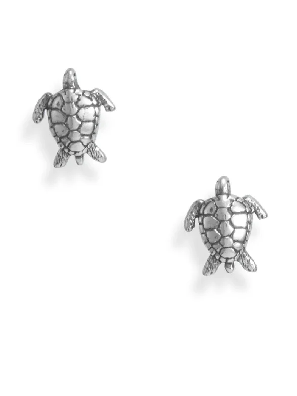 Angled drop earrings-Sea Turtle Stud Earrings Sterling Silver Antiqued Finish