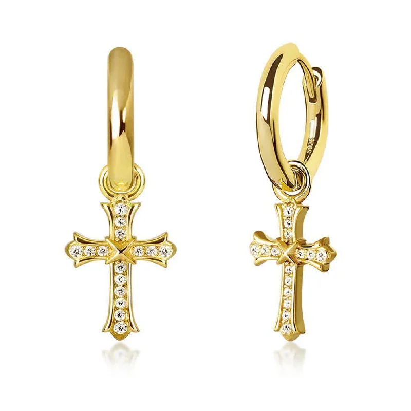 Embroidered earrings-The Wisdom® -925 Sterling Silver Diamond Iced Out Hoop Dangle Iris Cross Mens Earrings