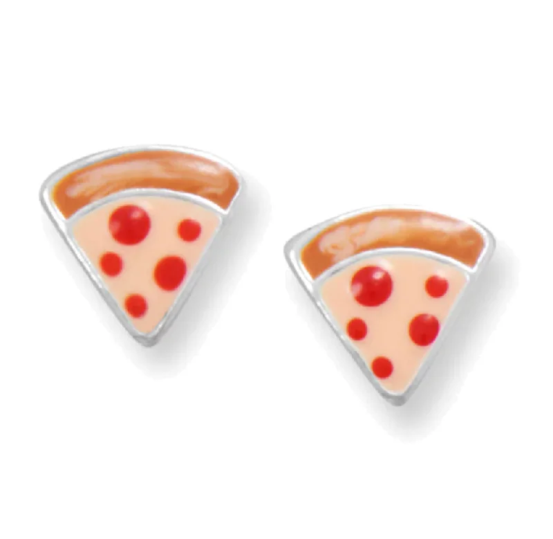 Detailed drop earrings-Pepperoni Pizza Slice Stud Earrings Sterling Silver with Enamel Color