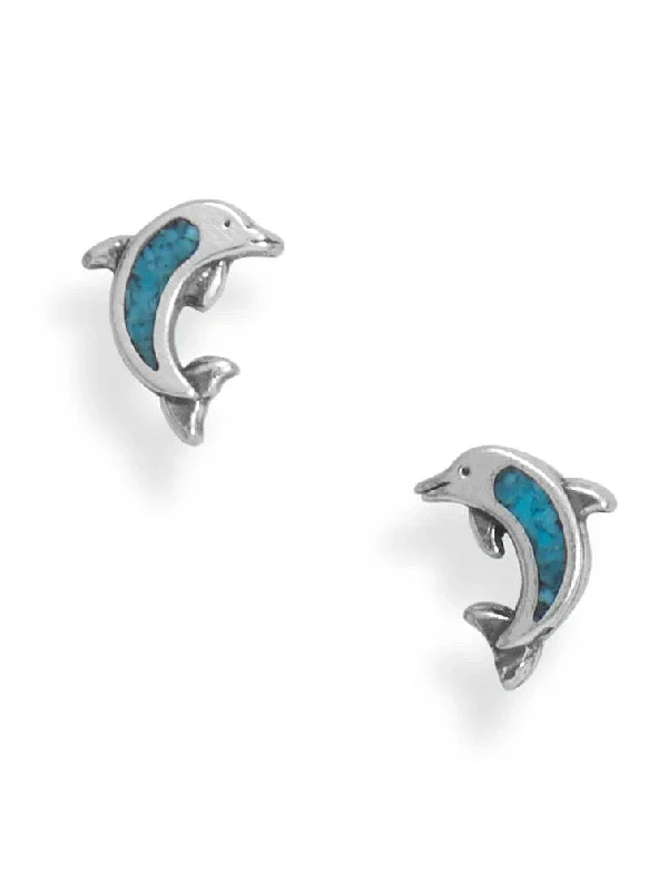 Fine pearl earrings-Dolphin Stud Earrings with Turquoise Chips Sterling Silver