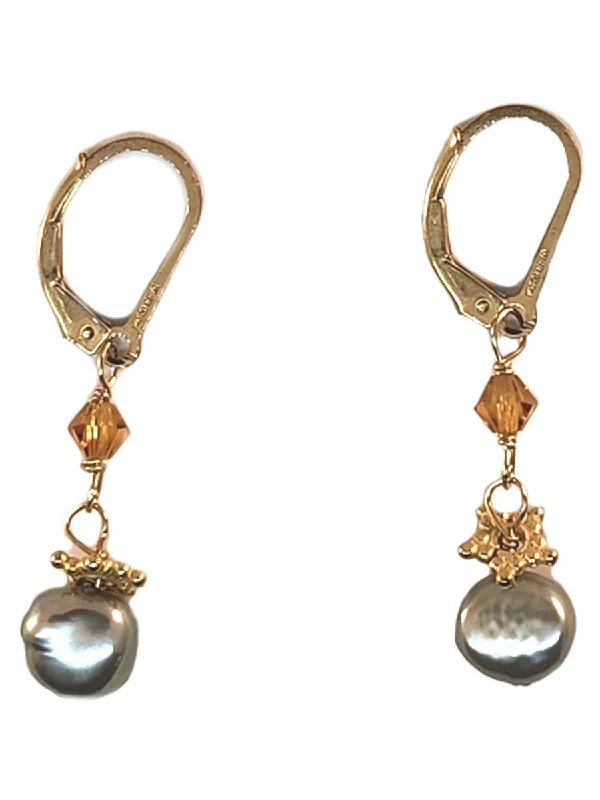 Antique clip earrings-14k Gold-filled Lever Back Earrings Crystal and Cultured Freshwater Pearl