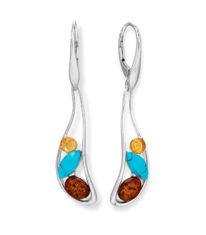 Round drop earrings-Baltic Amber and Reconstituted Turquoise Dangle Earrings Sterling Silver