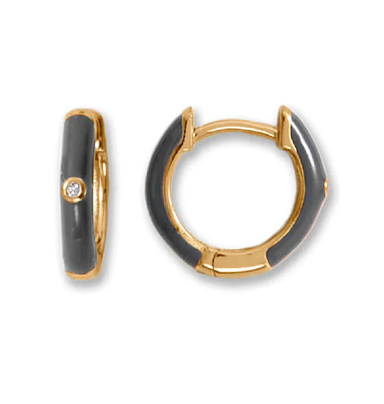 Jasper slice earrings-Huggie Hoop Earrings 14k Gold-plated Silver with Grey Enamel and Cubic Zirconia