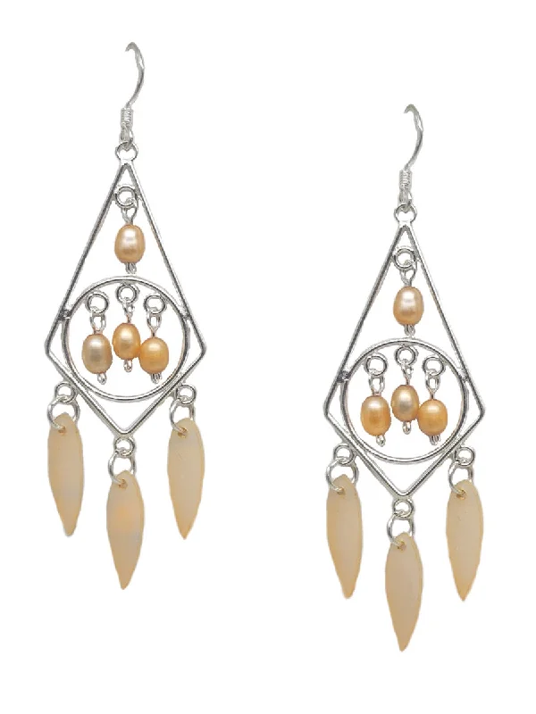 Carved hoop earrings-Peach Chandelier Earrings with Dyed Cultured Freshwater Pearls and Shell Dangles Sterling Silver