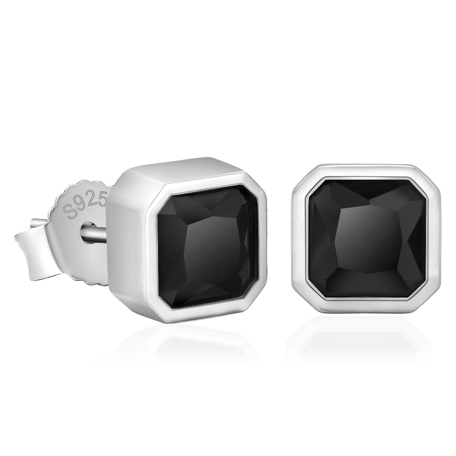 Sweeping design earrings-Silver Black Square Stud Earrings for Men