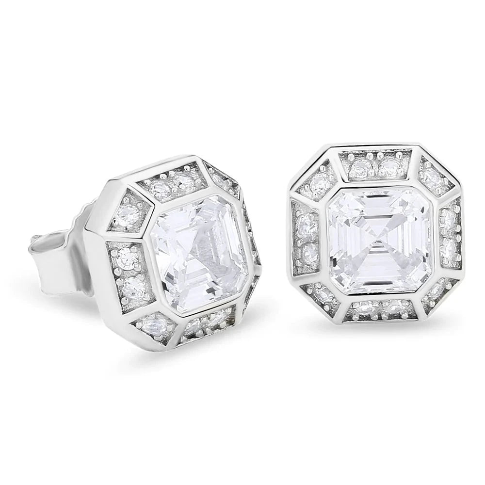 Tourmaline earrings-S925 Emerald Cut Diamond Stud Earrings in White Gold