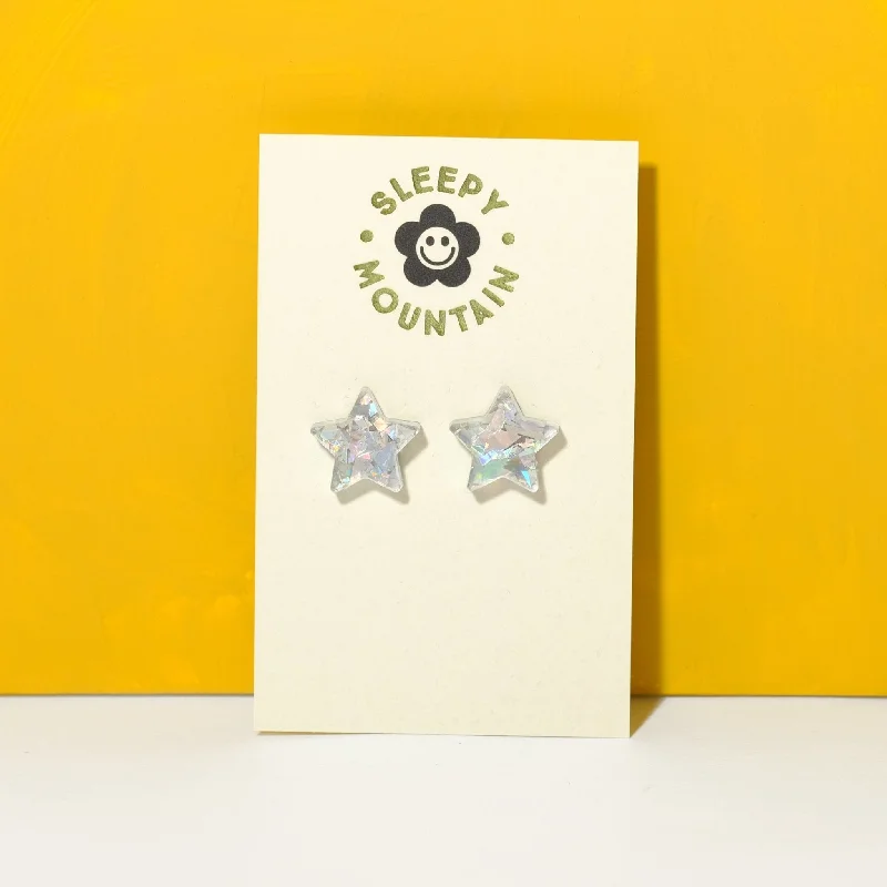 Hollow ring earrings-Star stud earrings iridescent silver glitter