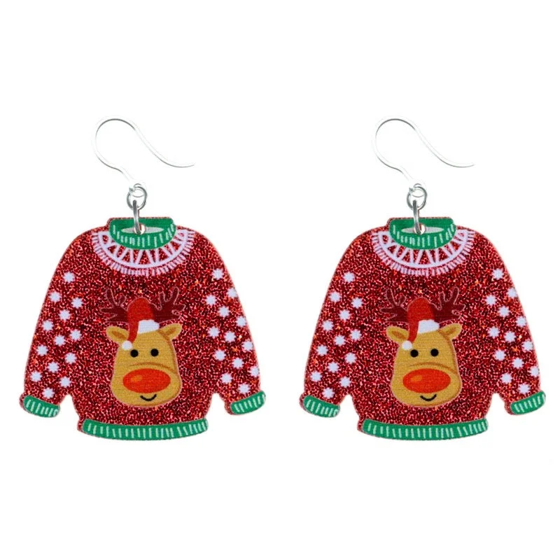 Old coin earrings-Glittery Christmas Sweater Dangles Hypoallergenic Earrings for Sensitive Ears Made with Plastic Posts