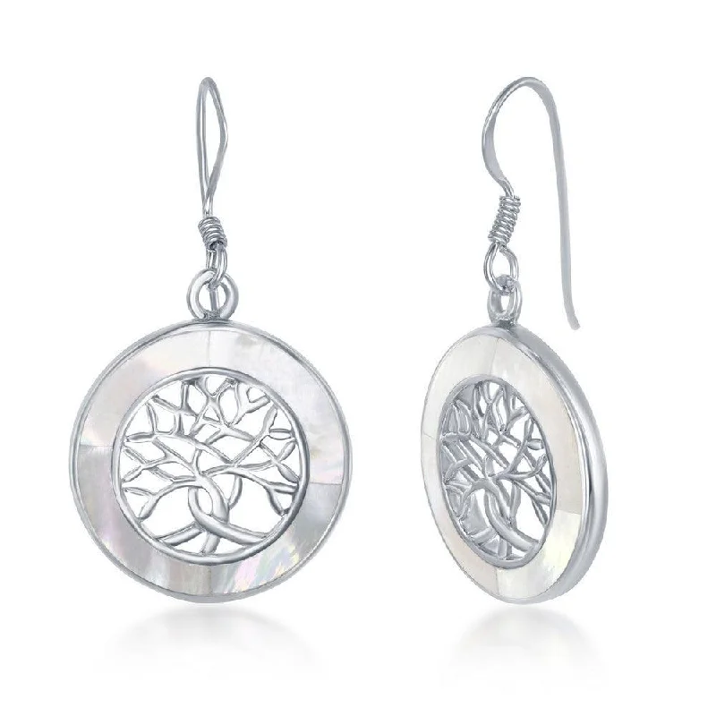 Square stud earrings-Sterling Silver Small Tree of Life Round earrings - MOP