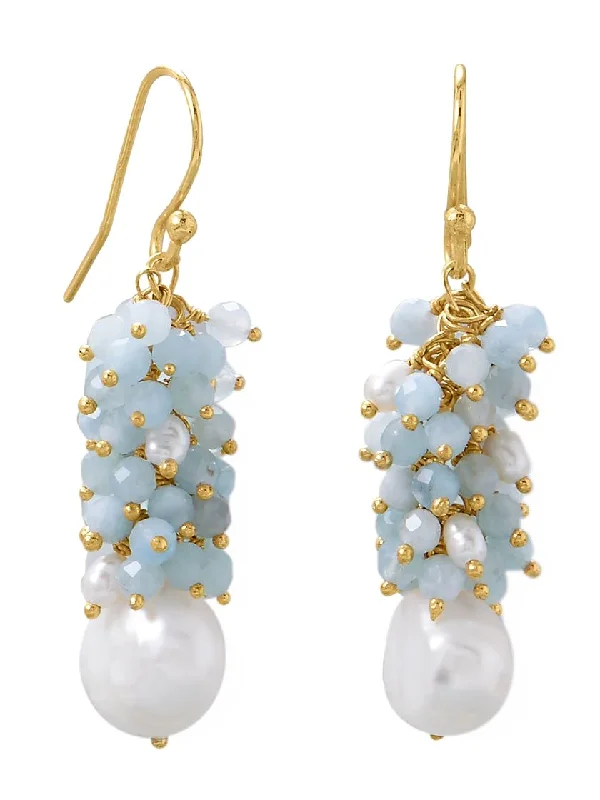 Wicker style earrings-Aquamarine and Cultured Freshwater Pearl Bead Dangle Earrings Gold-plated Silver