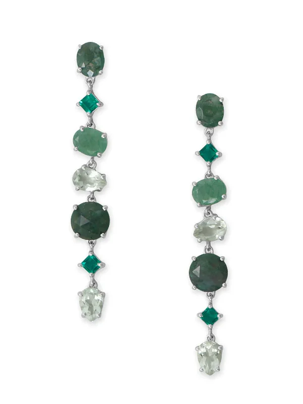 Bee wing earrings-Green Moss Agate, Prehnite, Prasiolite, and Glass Drop Earrings Rhodium on Sterling Silver