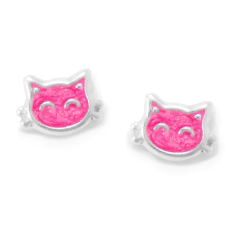 Soft shape earrings-Pink Kitty Cat Face Stud Earrings Sterling Silver with Sparkly Enamel Color