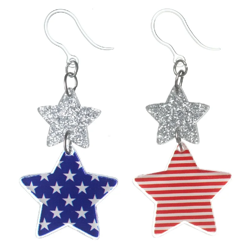 Flapper deco earrings-Mismatch Flag Star Dangles Hypoallergenic Earrings for Sensitive Ears Made with Plastic Posts