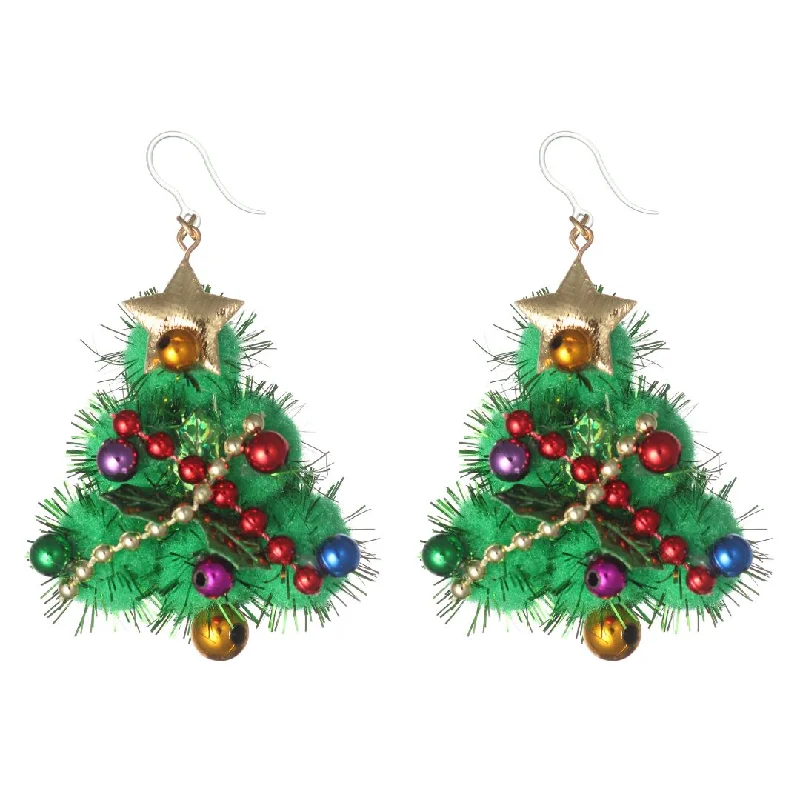 Tarnished silver earrings-Exaggerated Tinsel Pom Christmas Tree Dangles Hypoallergenic Earrings for Sensitive Ears Made with Plastic Posts