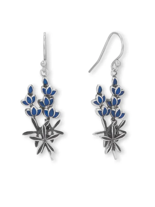 Crystal-wrapped earrings-Bluebonnet Flower Dangle Earrings Sterling Silver