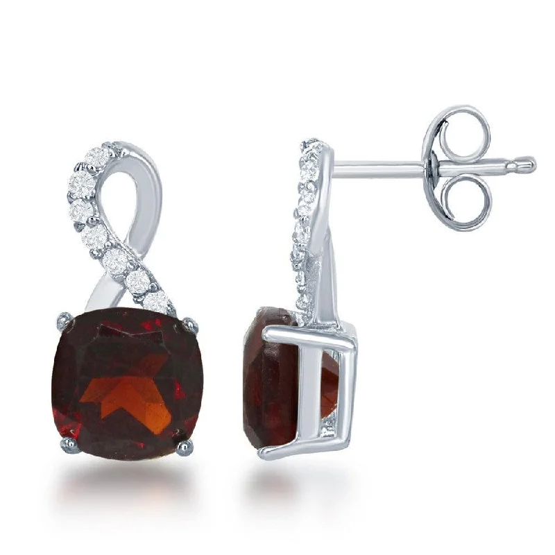 Vine pattern earrings-Sterling Silver Small Square Garnet with White Topaz on Top Earrings