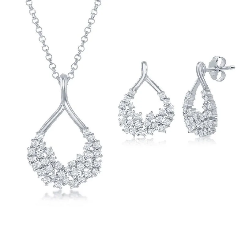 Prism star earrings-Sterling Silver CZ Open Pear-Shaped Pendant & Earrings Set With Chain