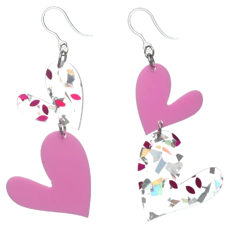 Tribal feather earrings-Confetti Heart Drop Dangles Hypoallergenic Earrings for Sensitive Ears Made with Plastic Posts