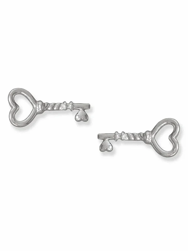 Etched art earrings-Heart Skeleton Key Earrings Rhodium on Sterling Silver