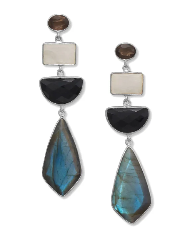 Bowed loop earrings-Multistone Geometric Earrings with Smoky Quartz, Rainbow Moonstone, Black Onyx, and Labradorite Rhodium on Silver