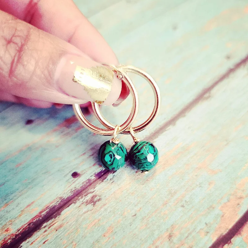 Woven bead earrings-Malachite 14kt Gold Fill Hoop Earrings