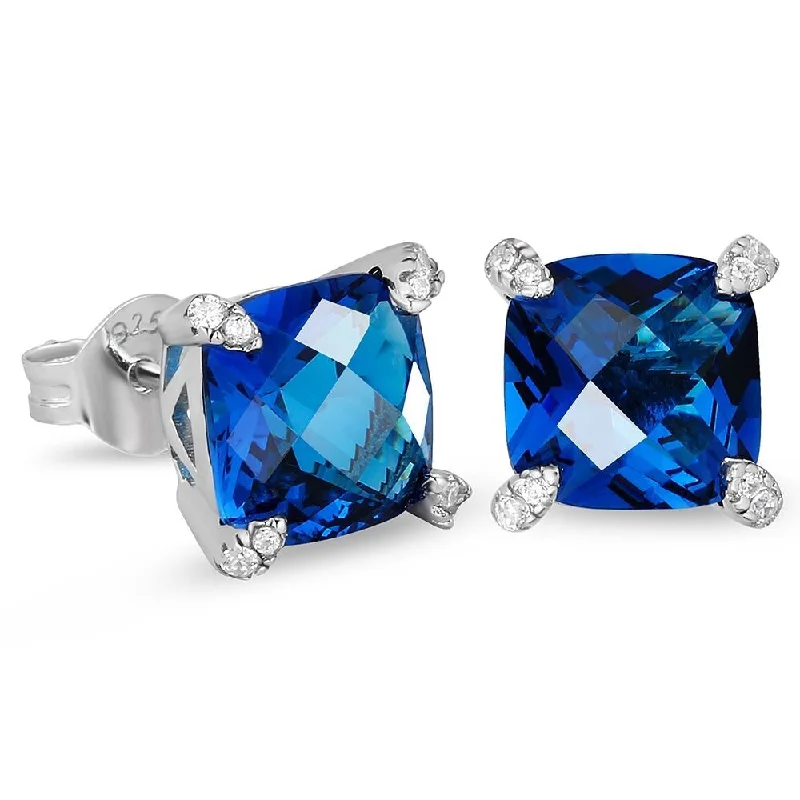 Stone cluster earrings-The Ocean® - 925 Sterling Silver Blue Sapphire Diamond Stud Earrings