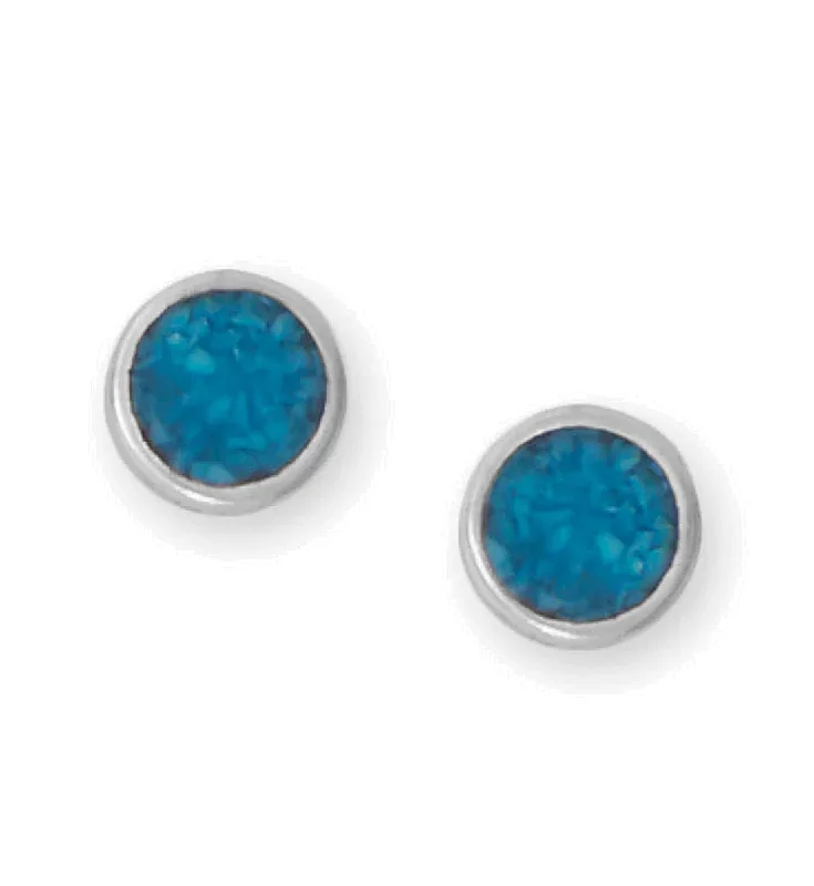 Ridged disc earrings-Turquoise Chip Inlay Round 5.5mm Stud Earrings Sterling Silver - Made in the USA