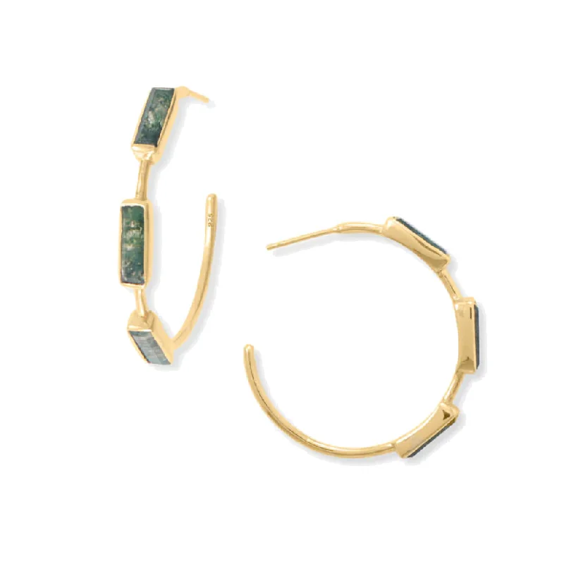 Sweeping design earrings-Moss Agate Hoop Earrings 14k Gold-plated Sterling Silver