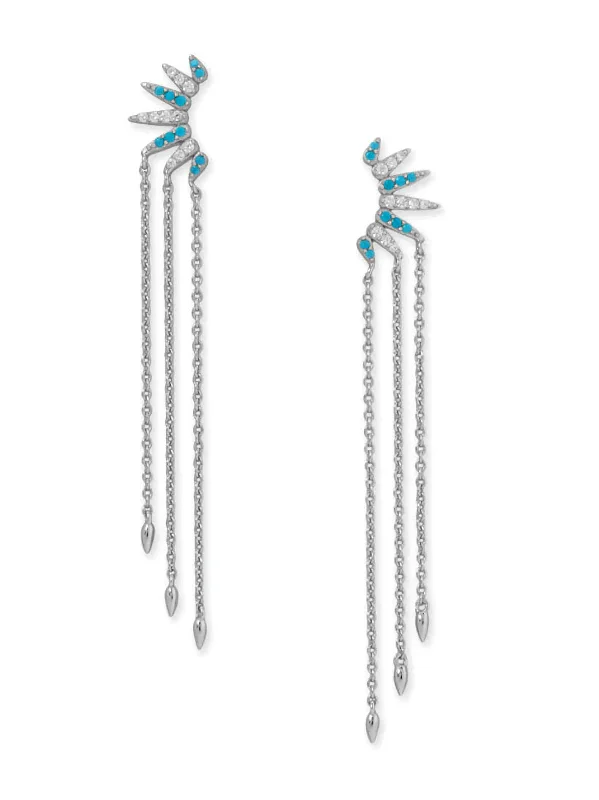 Embroidered earrings-Spike Drop Earrings with Synthetic Turquoise and Cubic Zirconia Rhodium on Silver