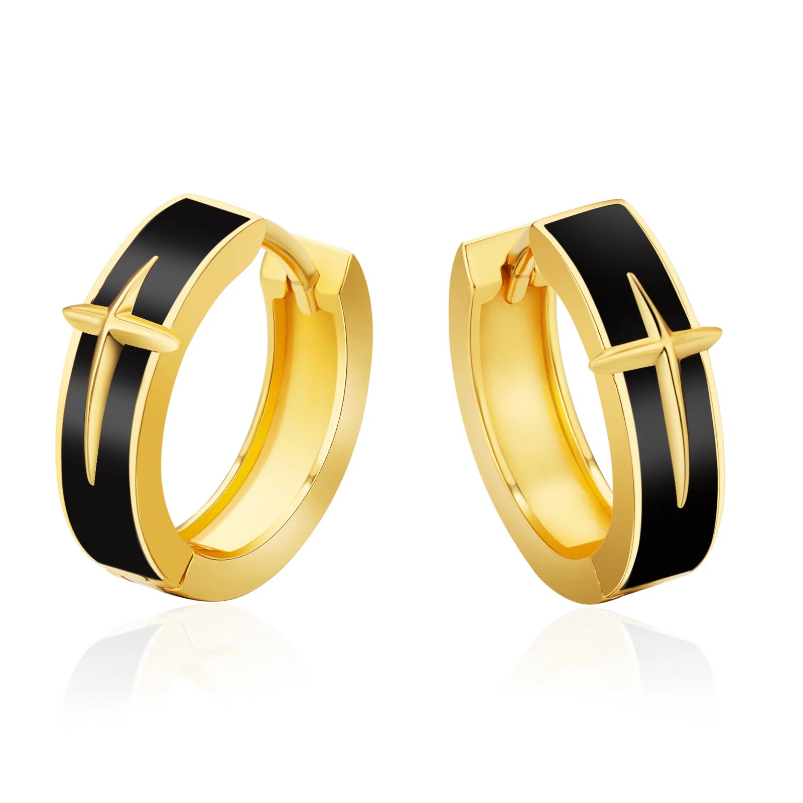 Crystal-wrapped earrings-S925 Black Enamel Star Hoop Earrings in 14K Gold - 15mm