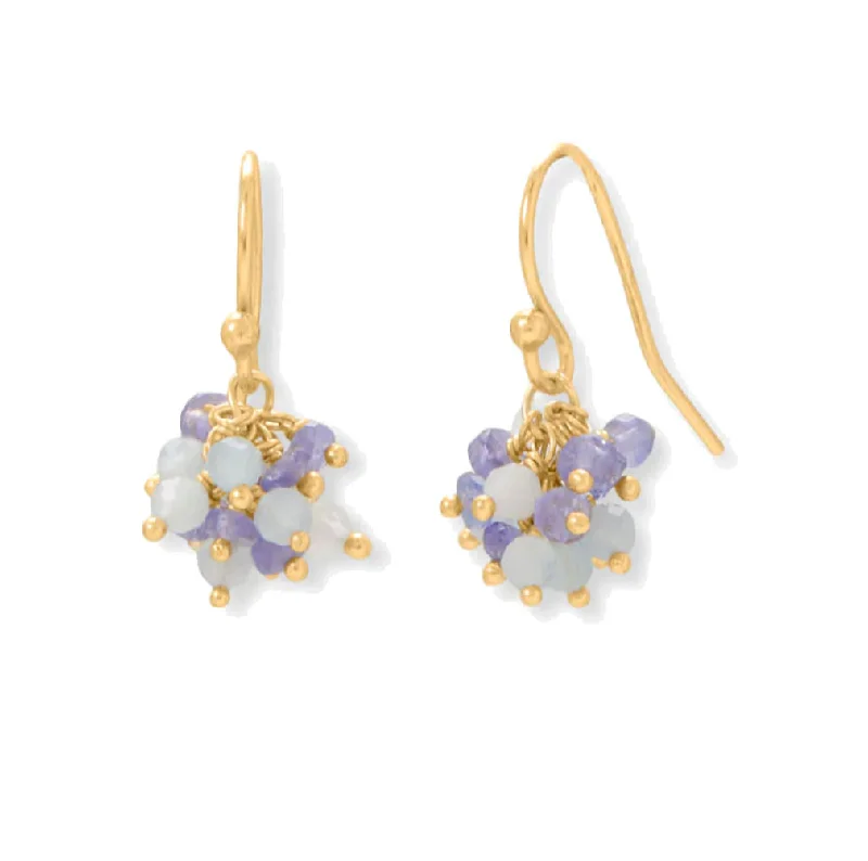 Carved texture earrings-Aquamarine and Tanzanite Cluster Bead Earrings 14k Gold-plated Silver