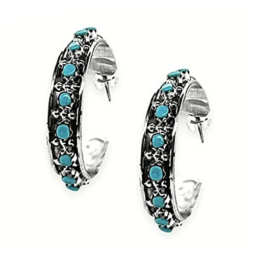 Diamond stud earrings-Genuine Sleeping Beauty Turquoise Hoop Earrings, 925 Sterling Silver, Authentic Zuni Native American USA Handmade, Nickel Free